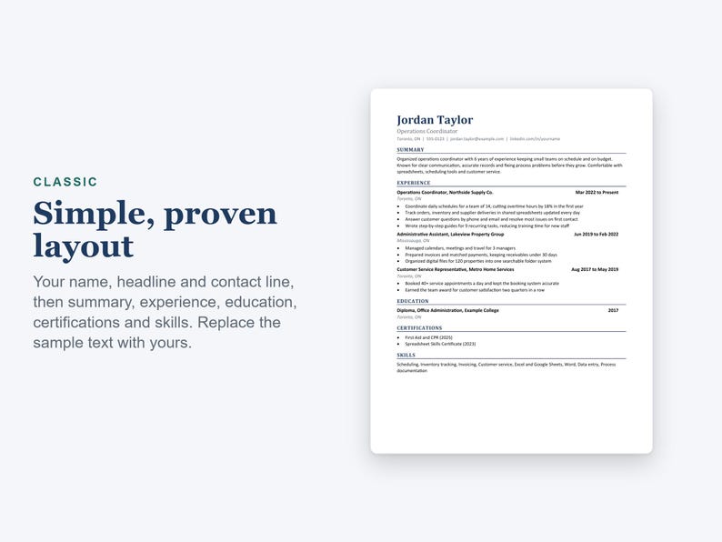 May include: A resume template featuring a clean, professional layout with sections for summary, experience, education, certifications, and skills. The document displays sample text for Jordan Taylor, an Operations Coordinator.