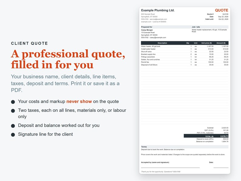 May include: A digital document template titled Client Quote featuring a professional layout with sections for business name, client details, line items, taxes, deposit, and terms. The document includes a signature line and a total amount of 2,219.71.