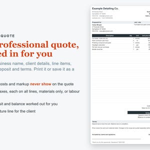 Auto Detailing Business Spreadsheet, Car Detailing Pricing Calculator, Excel Quote & Job Costing Template image 2