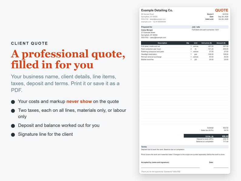Auto Detailing Business Spreadsheet, Car Detailing Pricing Calculator, Excel Quote & Job Costing Template image 2