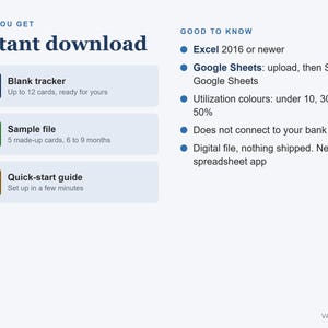 May include: A digital product information graphic titled Instant download. It lists three files: a blue XLSX blank tracker for 12 cards, a green XLSX sample file with 5 cards, and a brown PDF quick-start guide. The right side lists requirements.