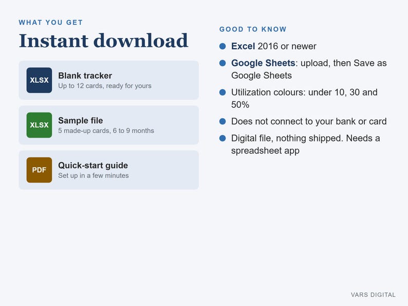 May include: A digital product information graphic titled Instant download. It lists three files: a blue XLSX blank tracker for 12 cards, a green XLSX sample file with 5 cards, and a brown PDF quick-start guide. The right side lists requirements.