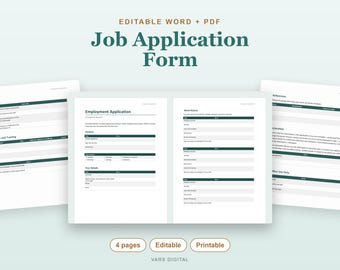Job Application Template, Editable Word Employment Application Form and Printable PDF for Hiring