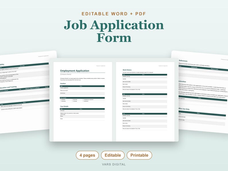 Plantilla de solicitud de empleo, formulario de solicitud de empleo editable en Word y PDF imprimible para contratación. imagen 1