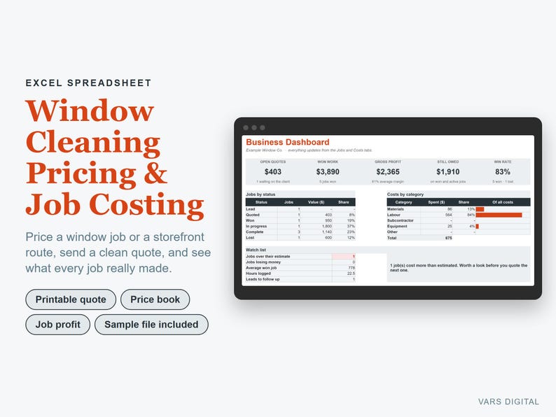 Window Cleaning Pricing & Job Costing Excel Template, Quote Generator, Profit Tracker (Digital Download) image 1