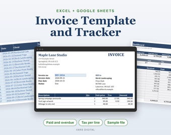 May include: An Excel and Google Sheets invoice template and tracker featuring a central invoice document for Maple Lane Studio, flanked by a client list and a financial dashboard. The interface displays columns for date, client, quantity, unit price, tax, and amount.