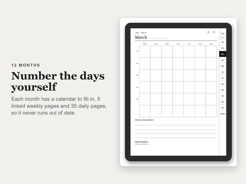 Undated Digital Planner, Hyperlinked PDF for E-Ink Tablets, Portrait, Daily Weekly Monthly, Habit Tracker image 5