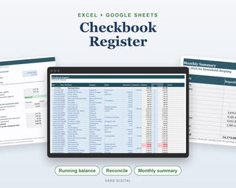 Hoja de cálculo de Excel para registro de cheques, plantilla de registro de cheques, conciliación bancaria, seguimiento de saldos.