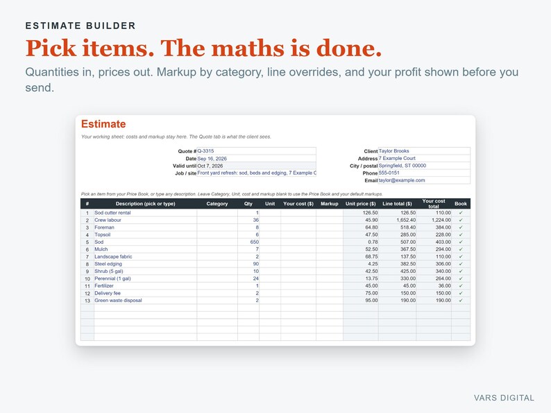 K&ouml;nnte beinhalten: Eine digitale Schnittstelle f&uuml;r Kostenvoranschl&auml;ge mit dem Text 'ESTIMATE BUILDER', 'Pick items. The maths is done.' und 'Quantities in, prices out. Markup by category, line overrides, and your profit shown before you send.' sowie einer detaillierten Tabelle.