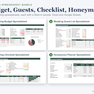 Wedding Planner Spreadsheet Bundle, Budget, Guest List, Checklist, Honeymoon (Excel) afbeelding 1