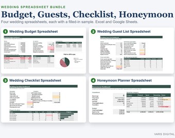 Wedding Planner Spreadsheet Bundle, Budget, Guest List, Checklist, Honeymoon (Excel)