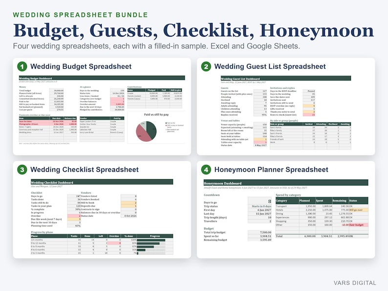 Wedding Planner Spreadsheet Bundle, Budget, Guest List, Checklist, Honeymoon (Excel) afbeelding 1