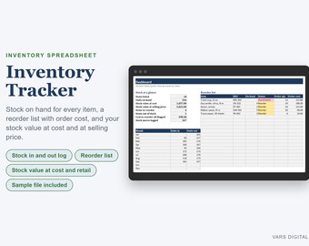 Inventory Spreadsheet, Stock Tracker with Reorder List, Stock In and Out Log (Excel)