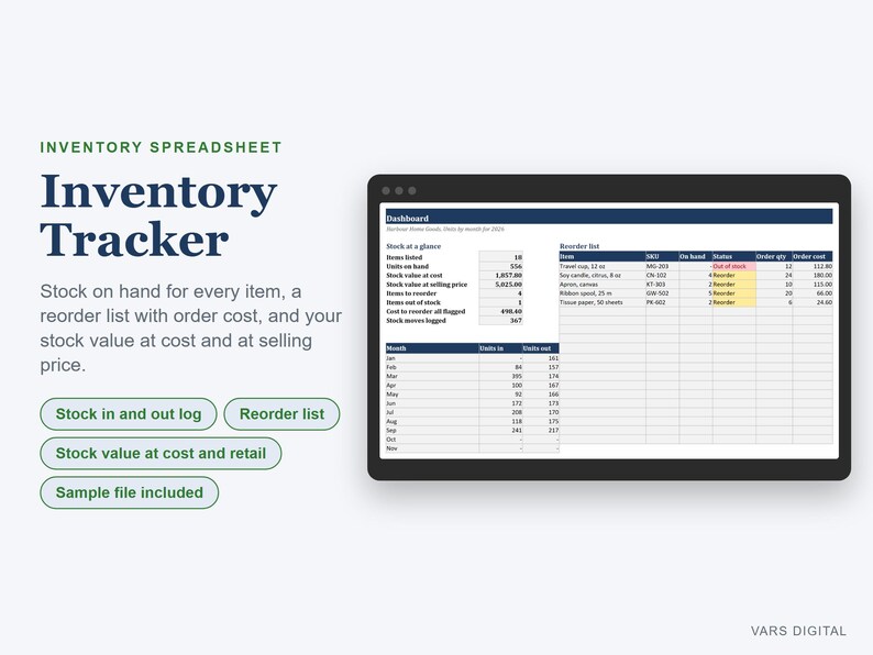 Inventory Spreadsheet, Stock Tracker with Reorder List, Stock In and Out Log (Excel) bild 1