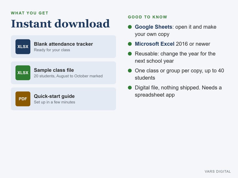 Attendance Tracker Spreadsheet, School Year Class Register, Absence Flag and Summary (Digital Download) immagine 5