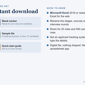 May include: A digital recruitment tracker file set featuring an instant download guide. Includes a blank tracker, a sample file with 6 roles and 37 candidates, and a quick-start guide. Requires Microsoft Excel 2016 or newer for 25 roles and 500 candidates.