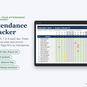 Attendance Tracker Spreadsheet, School Year Class Register, Absence Flag and Summary (Digital Download) immagine 1