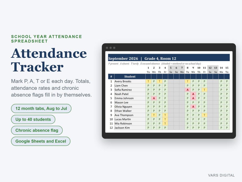 Attendance Tracker Spreadsheet, School Year Class Register, Absence Flag and Summary (Digital Download) immagine 1