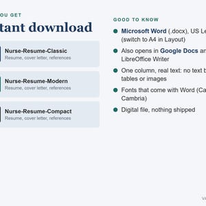 Plantilla de currículum de enfermera en Word, currículum de enfermera registrada compatible con sistemas ATS, con carta de presentación y referencias. imagen 7