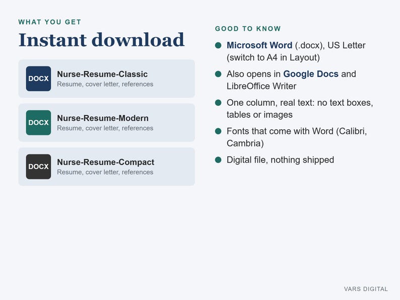 Plantilla de currículum de enfermera en Word, currículum de enfermera registrada compatible con sistemas ATS, con carta de presentación y referencias. imagen 7