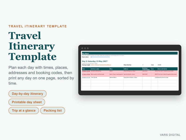 Reiseplanvorlage, Tagesplaner, Packliste (Excel) Bild 1