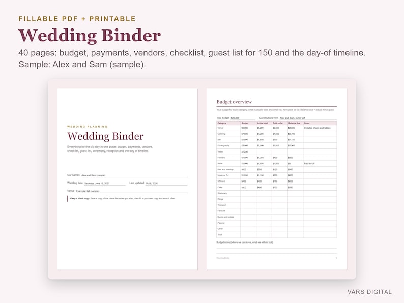 Wedding Binder Fillable PDF, Wedding Planning Book, Printable Planner, Budget, Guest List, Vendors imagem 2