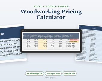 Woodworking Pricing Calculator Spreadsheet, Lumber Cost, Profit Margin (Digital Download)