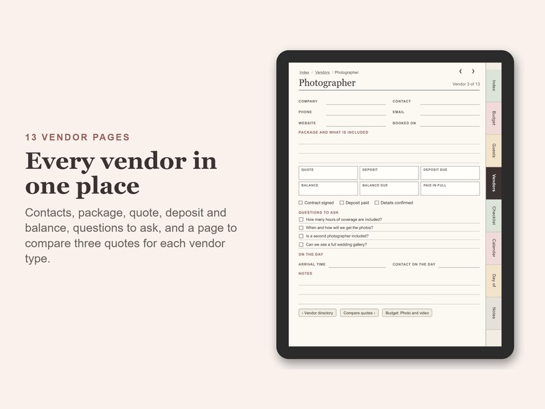 Digital Wedding Planner, Undated Hyperlinked PDF for Tablets, Budget, Guest List, Vendors, Checklist zdjęcie 5