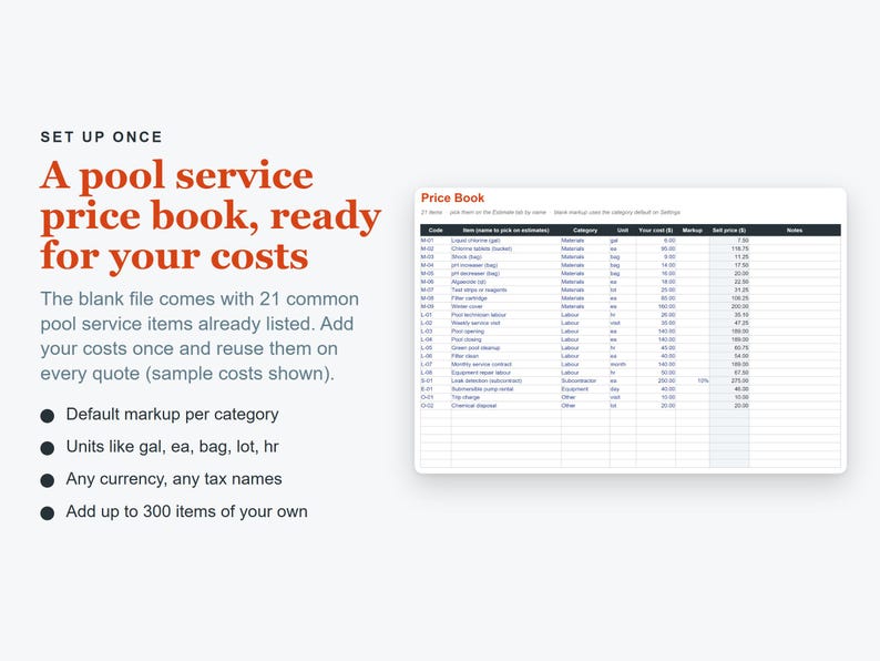 Pool Service Business Spreadsheet, Excel Pricing Quote & Job Costing Template image 6