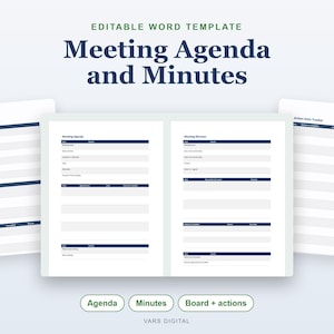 May include: An editable Word template for a Meeting Agenda and Minutes featuring a clean layout with dark blue headers and organized sections for tracking meeting details, action items, and board notes on white digital document pages.