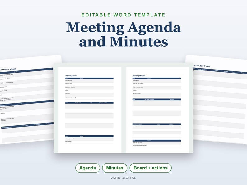 May include: An editable Word template for a Meeting Agenda and Minutes featuring a clean layout with dark blue headers and organized sections for tracking meeting details, action items, and board notes on white digital document pages.
