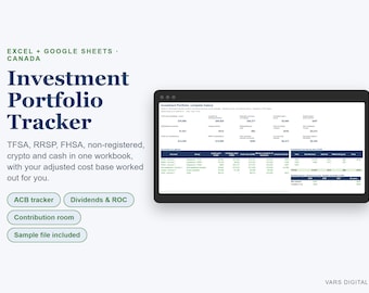 Kalkylblad för investeringsspårning Kanada, TFSA RRSP FHSA Portfölj- och utdelningsspårning, Excel