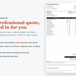 May include: A digital document template for a client quote featuring the text Client Quote, A professional quote, filled in for you, and a detailed itemised list of painting services including prep labour, walls, ceilings, and trim.