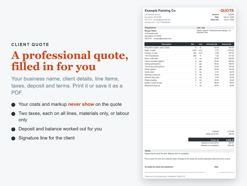 May include: A digital document template for a client quote featuring the text Client Quote, A professional quote, filled in for you, and a detailed itemised list of painting services including prep labour, walls, ceilings, and trim.