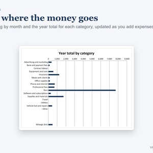Pu&ograve; includere: Un grafico a barre orizzontali intitolato Year total by category che mostra dati finanziari con etichette come Advertising and marketing, Rent e Mileage. Il testo recita Charts, See where the money goes e Spending by month.