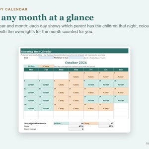 Planilha de Planejamento de Coparentalidade, Calendário de Custódia, Controle de Despesas Compartilhadas, Registro de Comunicação (Excel) imagem 4