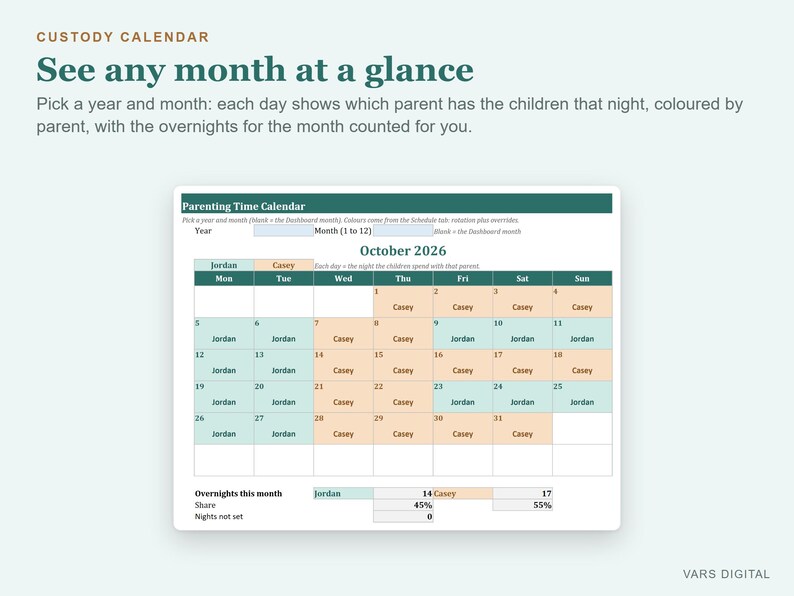 Planilha de Planejamento de Coparentalidade, Calendário de Custódia, Controle de Despesas Compartilhadas, Registro de Comunicação (Excel) imagem 4