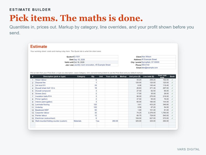 May include: A digital estimate builder interface displaying the text Estimate Builder, Pick items. The maths is done., and a detailed table with columns for description, category, quantity, unit, cost, markup, unit price, and line total for a project.