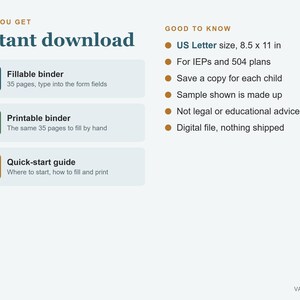 May include: A digital product information graphic titled Instant download. It lists a fillable binder, a printable binder, and a quick-start guide. The text includes US Letter size 8.5 x 11 in, IEPs and 504 plans, and digital file details.