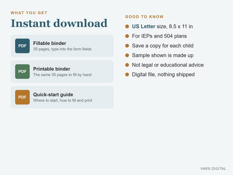 May include: A digital product information graphic titled Instant download. It lists a fillable binder, a printable binder, and a quick-start guide. The text includes US Letter size 8.5 x 11 in, IEPs and 504 plans, and digital file details.