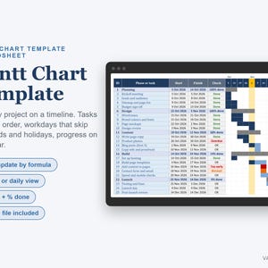 Gantt Chart Template Excel, Project Timeline Spreadsheet with Phases, Dependencies and Progress (Digital Download) image 1