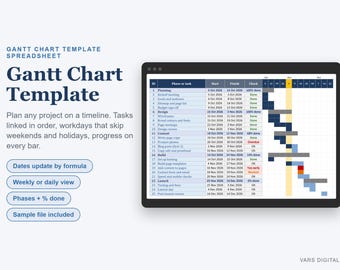 Gantt Chart Template Excel, Project Timeline Spreadsheet with Phases, Dependencies and Progress (Digital Download)