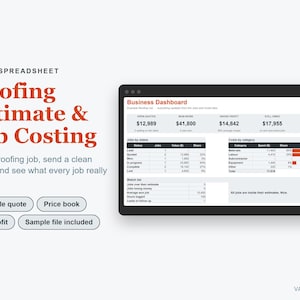 May include: An Excel spreadsheet for roofing estimate and job costing, featuring a business dashboard with data tables for jobs by status, costs by category, and a watch list. Includes buttons for printable quote, price book, job profit, and sample file.