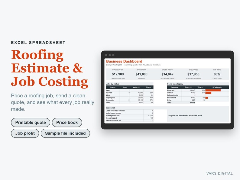 May include: An Excel spreadsheet for roofing estimate and job costing, featuring a business dashboard with data tables for jobs by status, costs by category, and a watch list. Includes buttons for printable quote, price book, job profit, and sample file.