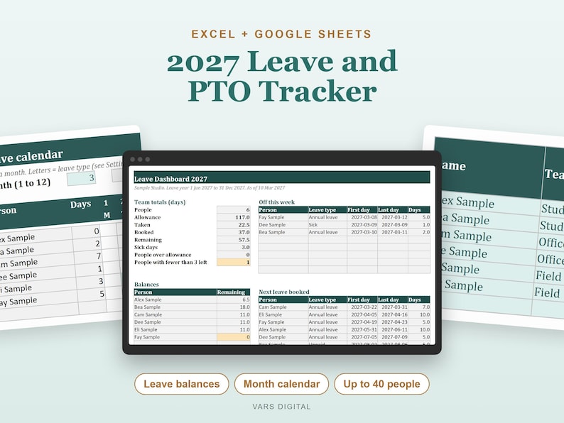 May include: A digital 2027 Leave and PTO Tracker spreadsheet for Excel and Google Sheets. The interface displays a Leave Dashboard 2027 with team totals, balances, and upcoming leave schedules. Includes buttons for Leave balances, Month calendar, and Up to 40 people.