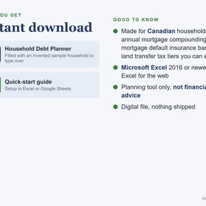 May include: A digital household debt planner infographic featuring an instant download section with an XLSX file and a PDF quick-start guide. The text outlines Canadian mortgage compounding, default insurance, and land transfer tax tiers for Excel.