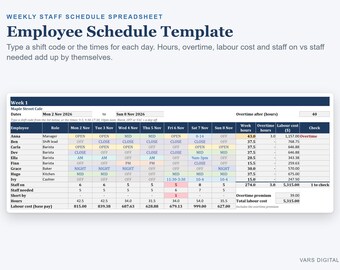 Employee Schedule Template, Weekly Shift Schedule with Hours, Overtime and Labour Cost (Excel)