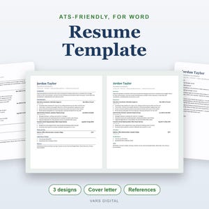 May include: An ATS-friendly resume template for Microsoft Word featuring the text "Resume Template" at the top. The image displays three distinct resume layouts with black text on white backgrounds, including sections for summary, experience, and education.