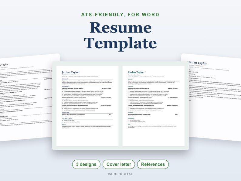 May include: An ATS-friendly resume template for Microsoft Word featuring the text "Resume Template" at the top. The image displays three distinct resume layouts with black text on white backgrounds, including sections for summary, experience, and education.