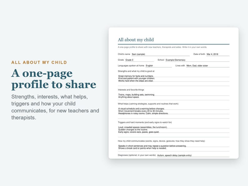 May include: A white printable document titled All about my child, featuring sections for personal details, strengths, interests, calming strategies, triggers, and communication methods, with sample text filled in for a child named Sam.